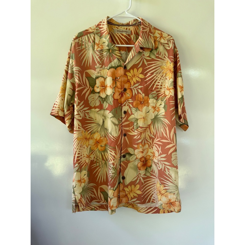 Tommy Bahama Mens Orange Floral Palm Silk Camp Shirt‎ Short Sleeve Medium